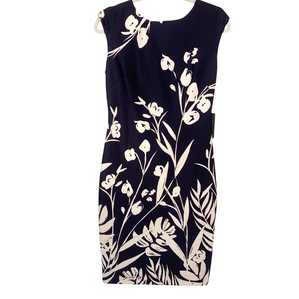 NWT Vince Camuto Navy Blue Floral Print Sleeveless Career Office Sheath Dress
